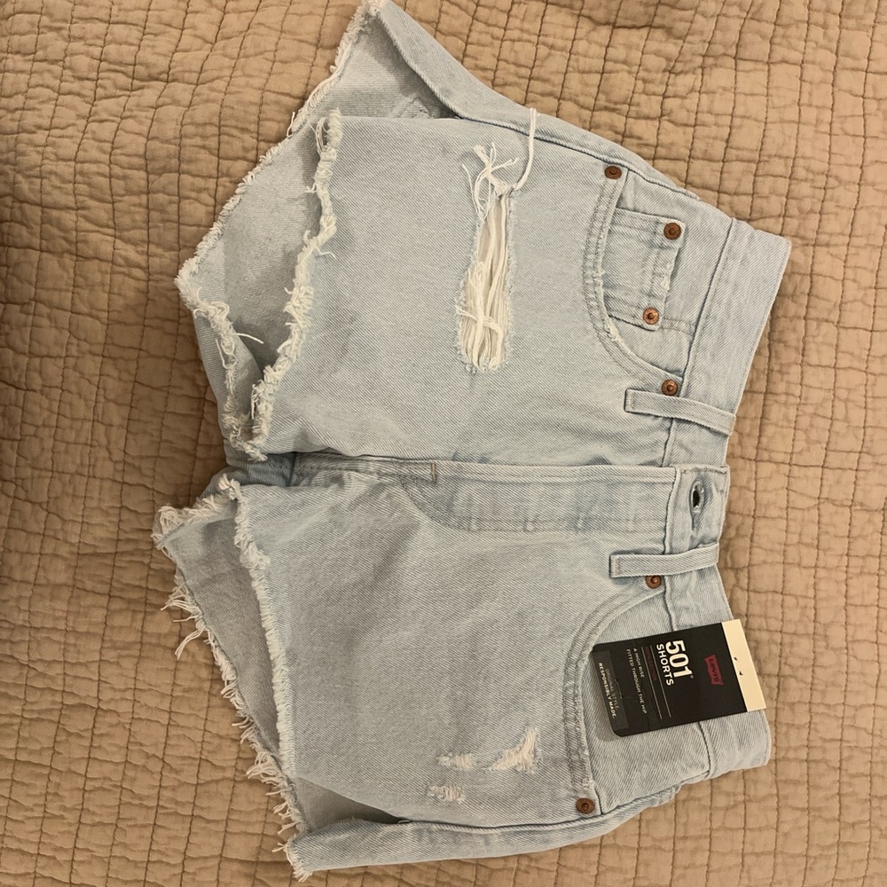 Levi’s 501 high rise denim shorts light wash.